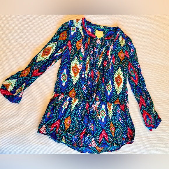 MAEVE Anthropologie Topoxte Drop Waist Geometric Ikat Multicolor Blouse Top - Picture 3 of 14